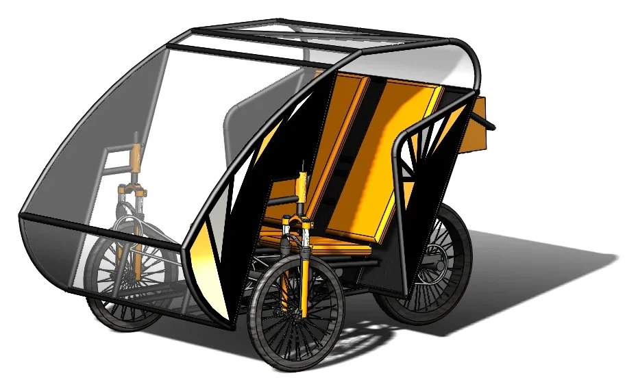 CAD render of the Efficycle from the front three-quarter: canopy, seating and front suspension