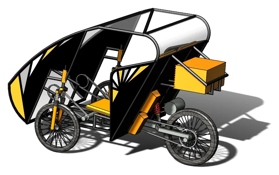 CAD render of the Efficycle from the rear three-quarter: drivetrain, motor and rear suspension