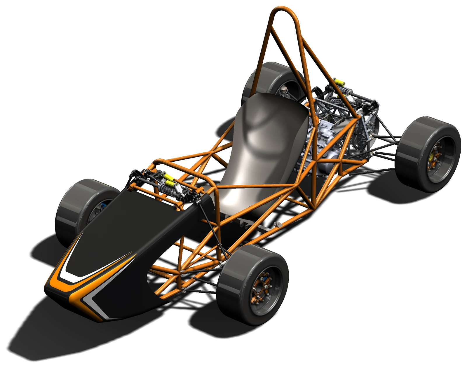 CAD render of the team's 2021 Formula Student design: orange space frame, black side bodywork, the seat, and a plate rear bulkhead carrying the rear suspension and drive