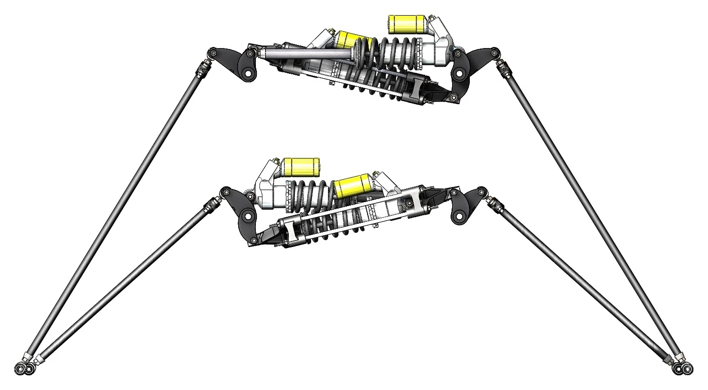 CAD drawing, front view: pushrods from the wheels to rockers, a heave spring-damper between the rockers, and the roll spring-damper inside its cage