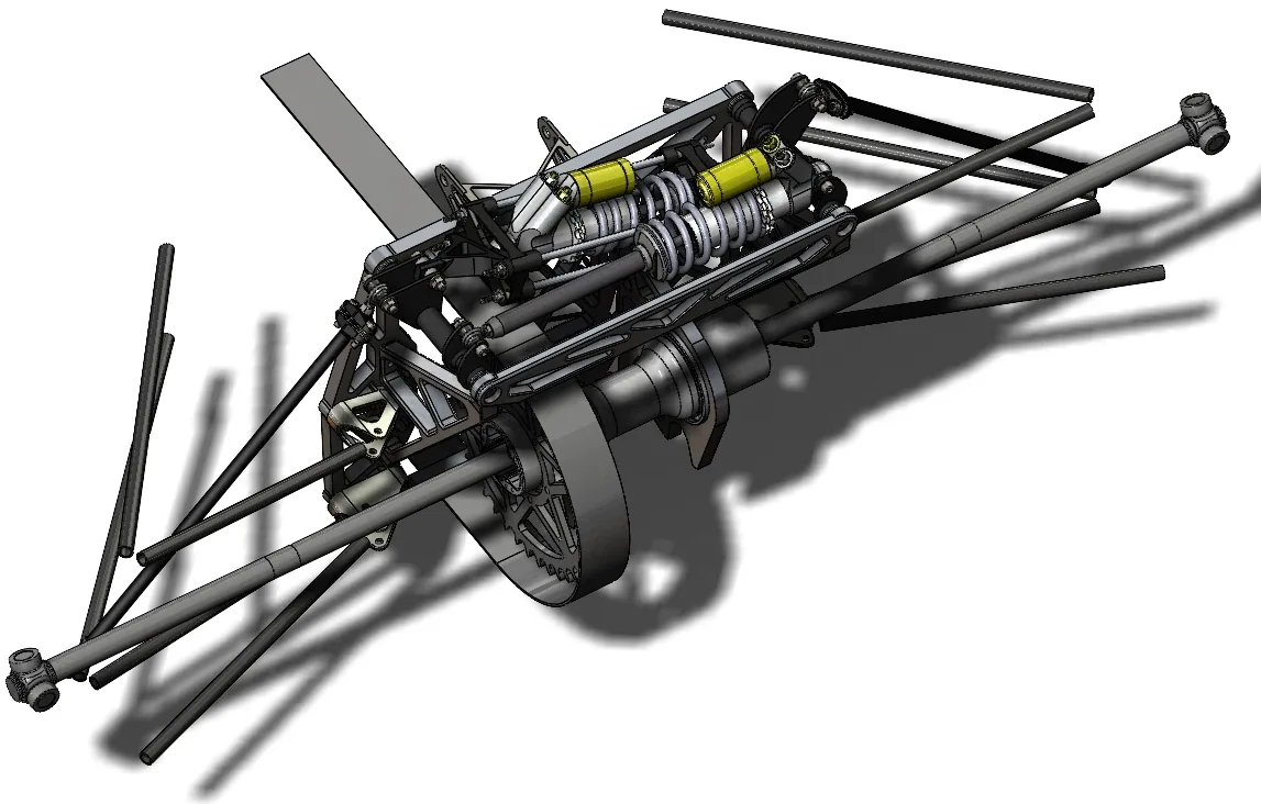 CAD render of the 2021 design's rear bulkhead assembly: plates carrying the rocker assemblies with two spring-dampers between them, the drive sprocket and brake disc, and the suspension links