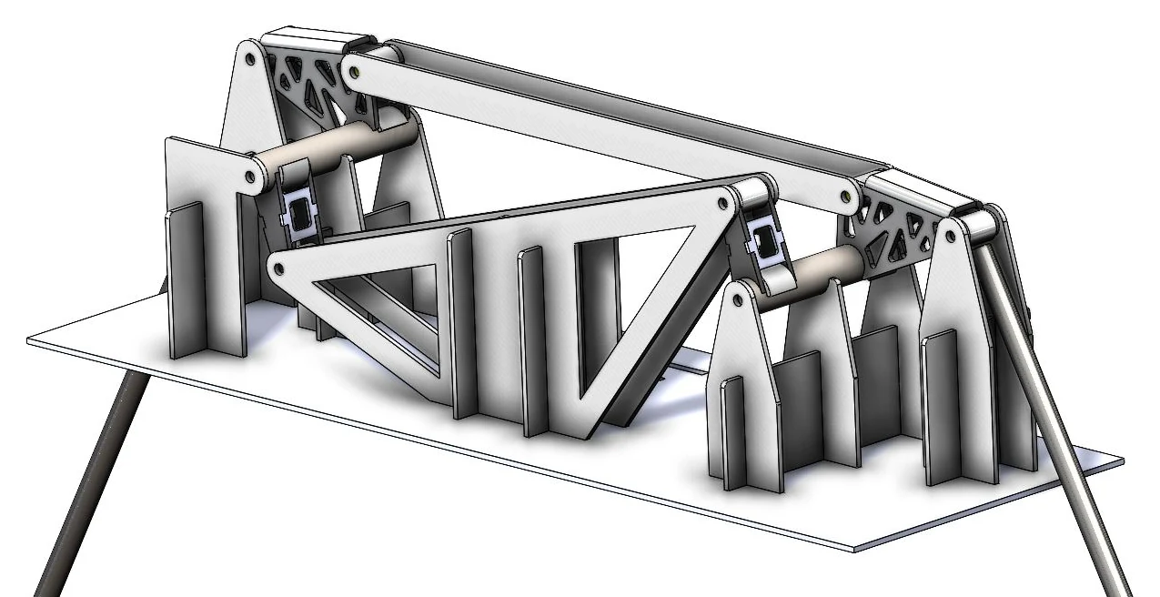 CAD render of a welding fixture: upright locating plates on a base plate holding the lattice-cut rocker plates and their shafts in position