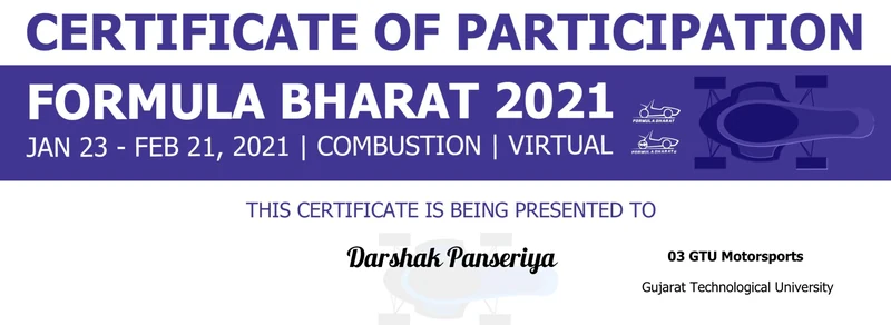 Formula Bharat 2021, held virtually: certificate of participation, opens at full size