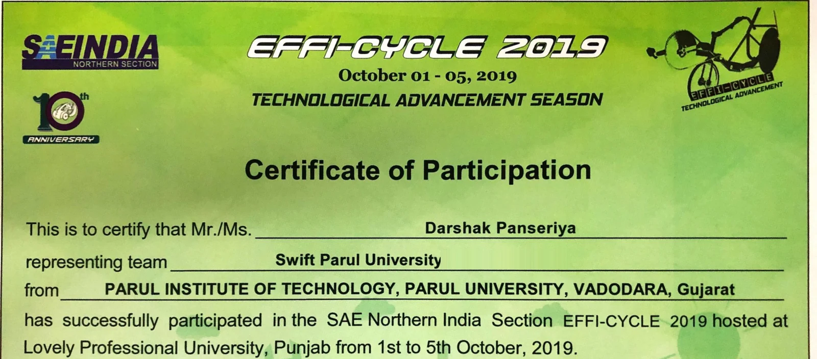 Certificate of participation, SAE Northern India Section Effi-cycle 2019, 1 to 5 October 2019, presented to Darshak Panseriya, representing Team Swift, Parul University